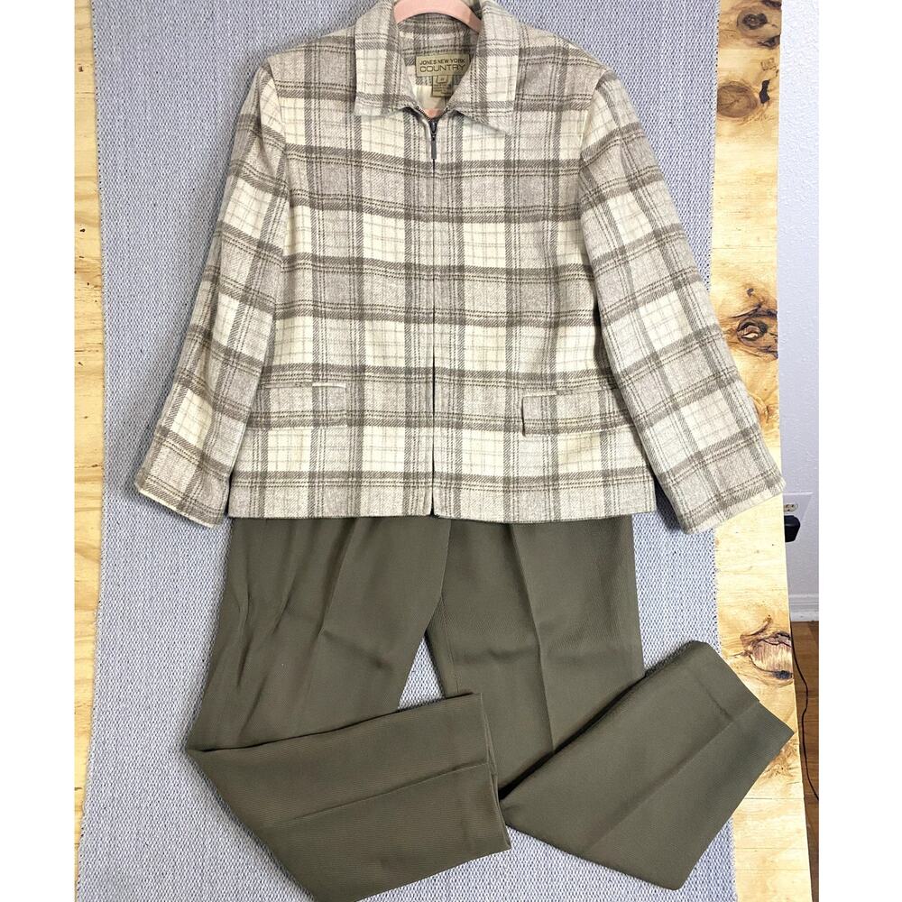 Jones New York Country Vintage Wool Pant Suit 8/10 Gray Plaid‎ Olive Slacks Y2K